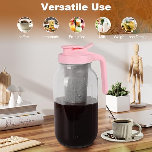 Cold Brew Coffee Maker, 64 oz Mason Jar Pitcher with Stainless Steel Filter, Pour Spout Handle Lid, Heavy Duty Glass Airtight & Leak-Proof for Iced Coffee,Tea & Lemonade - Image 6