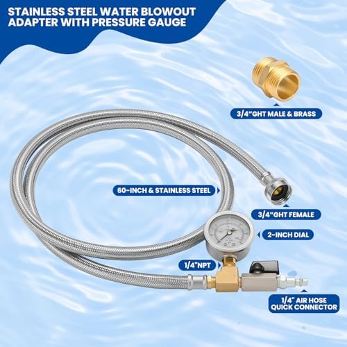 MEASUREMAN Garden Hose Blowout Kit, 0–60 PSI Pressure Gauge,60-Inch Stainless Steel Braided Hose, 3/4 Inch GHT, 1/4 Inch Quick Connect Blowout Plug with Shut Off Valve for Garden Pipe - Image 3