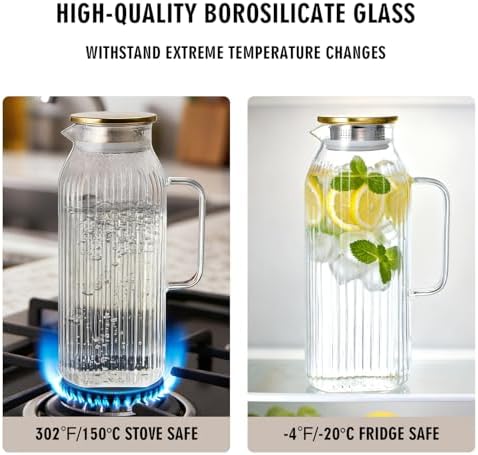 GLASKEY 2.1 Liter 71oz Square Glass Pitcher with Lid, Classic Stripes Water Pitchers with Handle for Fridge, Leak Proof Juice Jug, Borosilicate Glass Carafe for Hot/Cold Brew Drink - Image 5