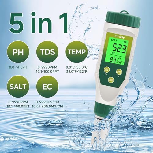 PH Meter & TDS Meter 5 in 1 Water Tester pH/TDS/EC/Salt/Temp Meter,PH Meter for Water with LCD Backlit,pH Tester Digital for Drinking Water. - Image 2