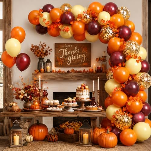 Fall Balloon Arch Kit, Fall Birthday Party Decorations, Orange Burgundy Yellow Gold Confetti Balloons Garland Kit with 6.5 Ft Maple Leaves for Home Thanksgiving Autumn Baby Shower Party Decor Supplies by Togvu