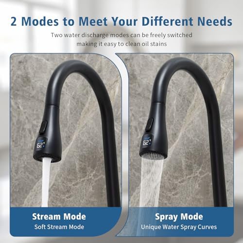 Kitchen Sink Faucet Sprayer Head Replacement, LED Temperature Sensitive Display Pull Down Pull Out Faucet Nozzle (Matte Black) - Image 3