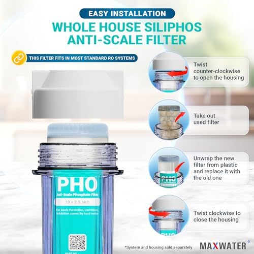 Max Water 10" x 2.5" Anti-Scale Water Filter Cartridge, Siliphos Polyphosphate (PHO) Replacement Filter, Fits Standard 10" Whole House Water Filtration System, Reduces Scale, Corrosion & Iron Staining - Image 5