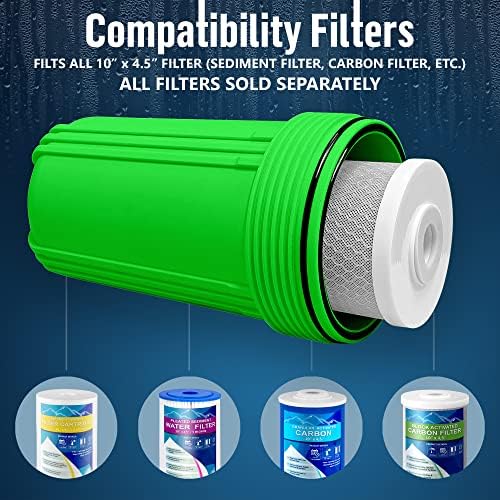 High Capacity 10 x 4.5” Whole House Filter Purifier System for Well or City Water, Presser Relief Button, 1” NPT Brass Port, Double O-Ring, Meets NSF Standards & Regulations (Green, 2 Sets) - Image 6