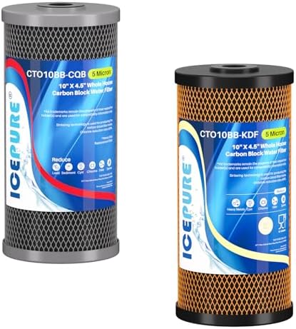 ICEPURE 5 Micron 4.5"x10" Whole House Upgraded Activated Carbon Lead Remove Water Filter, 1PACK and ICEPURE 4.5"x10" Whole House Activated Carbon and KDF Heavy Metal Removal Water Filter, 1PACK by ICEPURE
