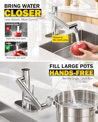 Frizzlife MF1080-S Bathroom Sink Faucet and Kitchen Sink Faucet, Built-in Carbon Block Filter, NSF/ANSI 372 Certified, 1080° Rotatable, Single Hole Single Handle, Stream/Spray, 304 Stainless Steel - Image 5