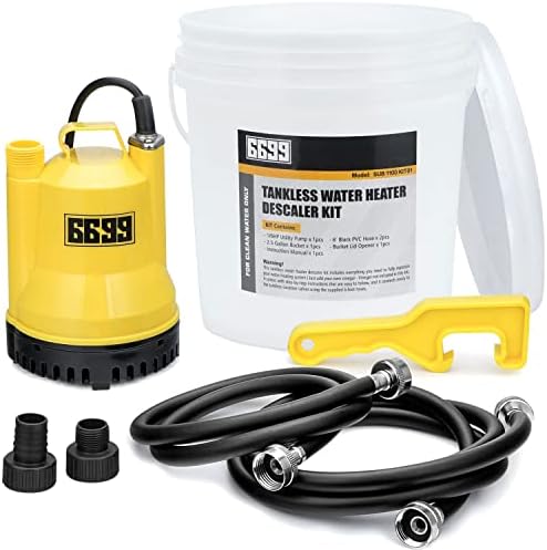 Tankless Water Heater Descaling Flush Kit Includes Submersible Utility Pump with Adapters 3 Gallons Pail with Bucket Lid Opener and Two 3/4" GHT X 6FT PVC Black Hoses Easy Installation to Clean by Volcanorproducts