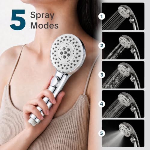 OFFO Handheld Shower Head with Adjustable Shower Head Holder, 5 Mode Handheld Shower Head with On Off Switch for Water Saving, High Flow Showerheads with 60" Stainless Steel Hose, Silver - Image 4