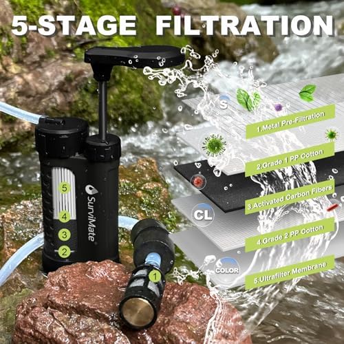 SurviMate Water Purifier Survival Pump，0.01 Micron 5-Stage Water Purifier System，Hand Pump Water Filter Portable Outdoor Emergency，Camping, Hiking, Backpacking - Image 2