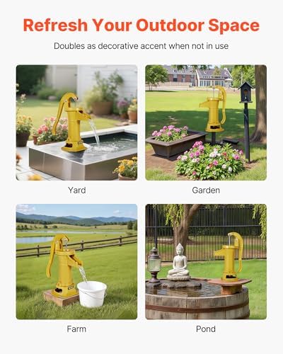 VEVOR Well Hand Pitcher Pump, 25 ft Maximum Lift, Antique Cast Iron Manual Hand Water Pump, NPT 1-1/4 in Connection, Easy Installation, Old Fashioned for Outdoor Garden, Pond, Backyard, Farm, Yellow - Image 6