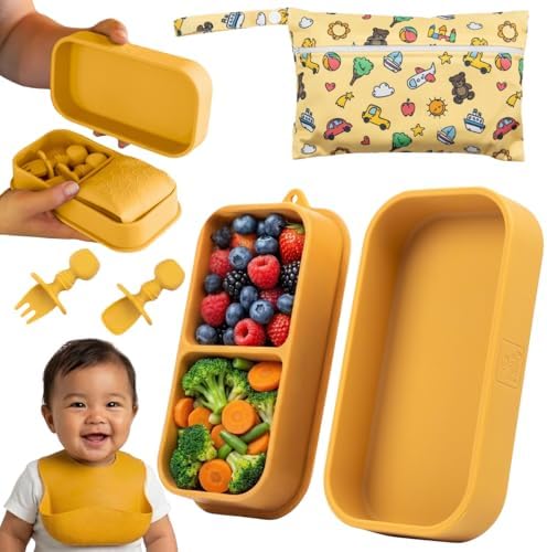 Baby Travel Feeding Set with Silicone Suction Plates, Yellow Small by PalzPandy