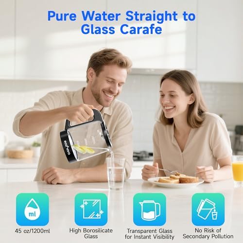 Ecoviva Countertop Reverse Osmosis Water Filter, 6 Stage RO Water Filtration System with 44 oz Glass Carafe, No Installation Water Purifier, 3:1 Pure to Drain, Black - Image 4