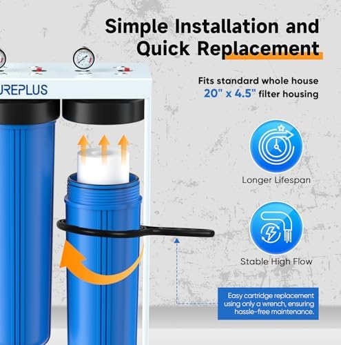 PUREPLUS 20" 3-Stage Whole House Water Filter, Sediment, GAC, Carbon Block - Image 6