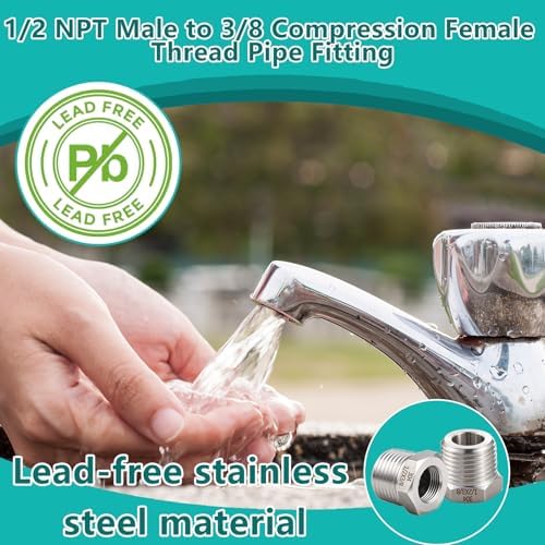 1/2 NPT Male to 3/8 Compression Female Thread Bushing Pipe Fitting（Lead-Free）,304 stainless steel Water Line Adapter, Supply Line Adapter for Kitchen Bathroom Plumbing - Image 4