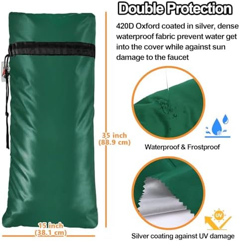 Extended Outdoor Faucet Cover for RV Park Water Hydrant Insulated, 3M Thinsulate Insulation Sprinkler Freeze Protector for Winter & Summer, 35”H x 15”W for Garden Lawn Faucets & Yard Hydrant - Green - Image 3