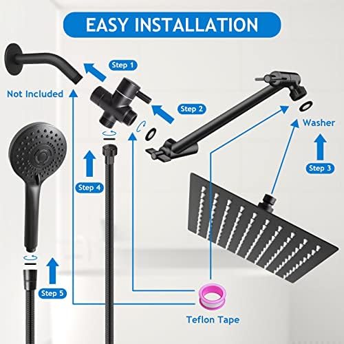 12” Black High/Low Pressure Water Rain Shower Head with 11” Extension Arm - Image 5