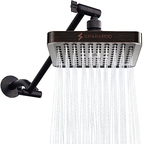SparkPod Square Rain Shower Head with Extension Arm - Height Adjustable Shower Head with High Pressure Performance - Easy 1-Minute Installation (6" Square, Vintage Oil-Rubbed Bronze) by SparkPod