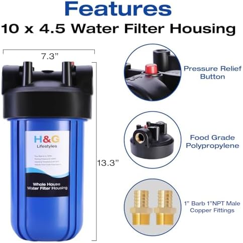 H&G Lifestyles Whole House Water Filter,10" x 4.5" KDF Carbon Water Filtration System, Remove Heavy Metal Improve Water Taste,with 1" NPT Port Bracket Wrench - Image 2