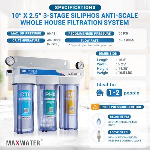 Max Water 3 Stage (Good to Protect Home from Scale & Corrosion) 10 inch Standard Water Filtration System for Whole House - Sediment + Anti Scale + CTO Post Carbon - 3/4" Inlet/Outlet - Model : WH-SC1 - Image 2