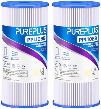 PUREPLUS 30 Micron 10" x 4.5" Whole House Pleated Sediment Filter,2 Pack by PUREPLUS