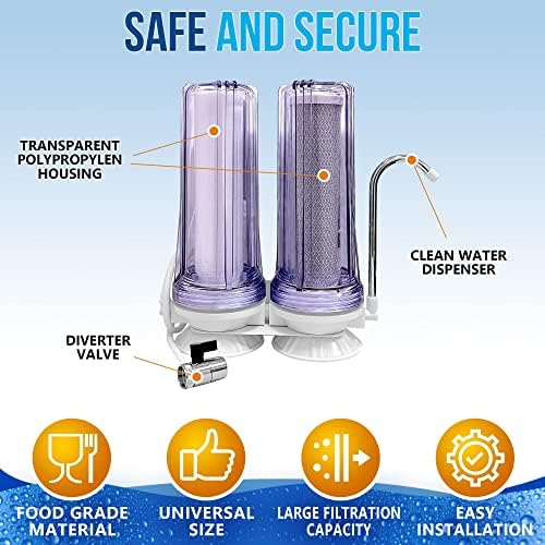 2 Stage Countertop Drinking Water Filtration System Removes Chlorine, Transparent Housing and Yearly Supply (2 extra) CTO & (3 extra) PP Sediment Cartridges 5 Micron, Meets NSF Standards & Regulations - Image 3