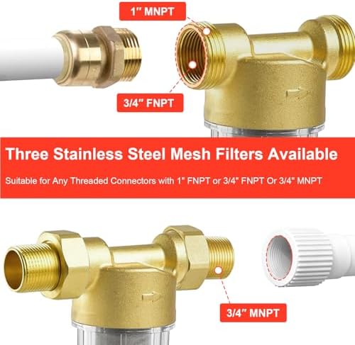 Spin Down Sediment Filter, Inline Water Filter for Home Well Water, 40/100/200 Micron Whole House Prefilter Filtration System, 1" MNPT + 3/4" FNPT + 3/4"MNPT, Lead-Free Brass - Image 4