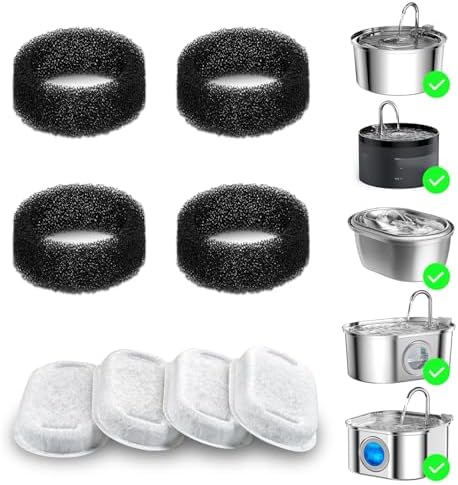 Cat Water Fountain Filter Replacement 8 Pack, 4 Carbon Filters + 4 Sponges by WonderCreature