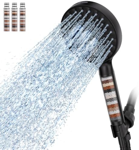 SR SUN RISE Filtered Shower Head with Handheld High Pressure 9 Spray Mode Showerhead Detachable Shower Head Water Softener Filters Beads for Hard Water Remove Chlorine 4 Filters Black by SRSUNRISE