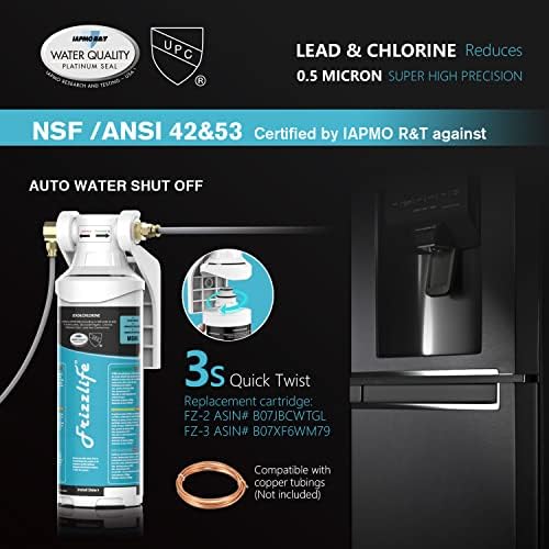 Frizzlife Inline Water Filter System for Fridge, Ice Maker, Under Sink, Certified 0.5 Micron Reduces Chlorine, Lead, Long Lasting, Compression Brass Fittings Fits for Copper Tubing, MS99 - Image 2