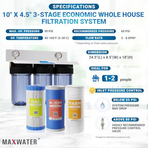Max Water 3 Stage (Sediment, Tannin/Nitrate, Odor & Improving Taste) Whole House (10 inch x 4.5 inch), Water Filtration System with Double O Ring Housing - Sediment + Anion + GAC - 1" Inlet/Outlet - Image 2