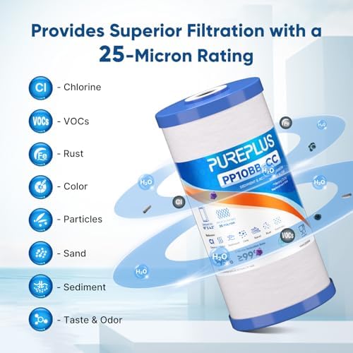 PUREPLUS 25 Micron 10"x4.5" Whole House Sediment and Carbon Filter,4PACK - Image 3