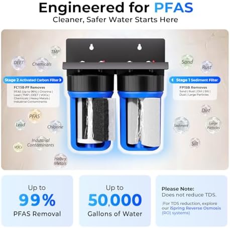 iSpring PFAS Whole House Water Filter System,SGS-Tested to Remove up to 99% PFAS,2-Stage Filtration Reduces Sediment, Chlorine, Chemical, Taste & Odor, 10-Inch Filters,1" Inlet/Outlet Model: WGB21B-PF - Image 2