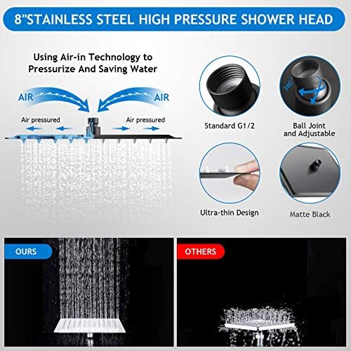 Shower Head Combo, 8 Inch High Pressure Rain with 11 Inch Adjustable Extension Arm and 5 Settings Handheld, Powerful Spray Against Low Water Pressure- Matte Black - Image 4