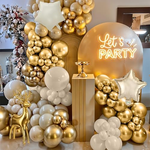 121PCS Christmas Balloon Garland Arch Kit, Pearl Sand White and Gold Balloons with Star Reindeer Mylar Foil Balloon for Holiday Xmas Party Wedding Anniversary Prom New Years Eve Decorations - Image 7