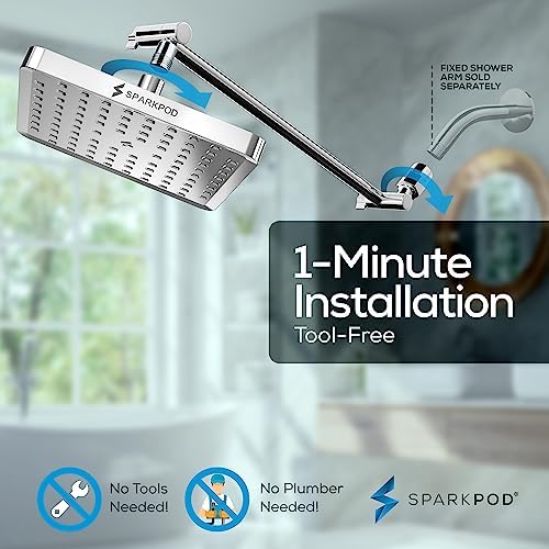 SparkPod Square Rain Shower Head with Extension Arm - Height Adjustable Shower Head with High Pressure Performance - Easy 1-Minute Installation (8" Square, Luxury Polished Chrome) - Image 6