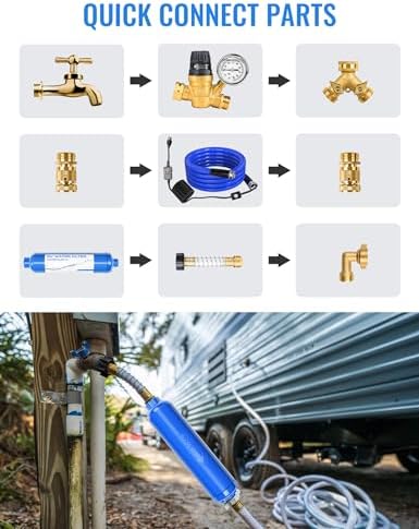 RV Water Pressure Regulator Kit, RV Fresh Water Kit All-in-One Sprinkler Blowout Adapter, Inline Water Filter, Hose Splitter, Brass Elbow, Flexible Connector, Hose Quick Connects, Leak Repair Kit - Image 6