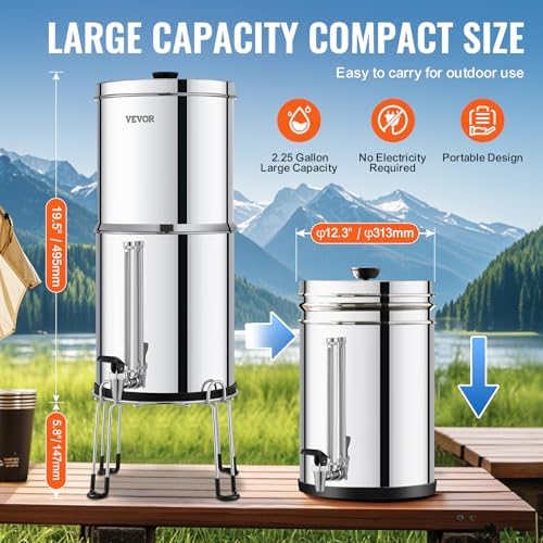 VEVOR Gravity-fed Water Filter System, 2.25G 304 Stainless-Steel Countertop Water Filtration System, Reduces Lead and up to 99% of Chlorine, with 2 Ceramic Carbon Filters, Water Level Spigot, Stand - Image 5