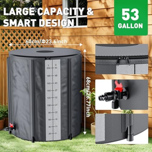 Yesker Collapsible Rain Barrel, 53 Gallon Portable Rainwater Collection System, 550D PVC Water Storage Tank, Rain Catcher with Spigots Filter Overflow Kit, Grey - Image 3