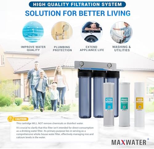 Max Water 3 Stage Whole House Water Filter System with Sediment + Phosphate Anti Scale (PHO) + CTO Chlorine Reduction Filter - 1" Inlet/Outlet, Pressure Gauges, Wrench, Bracket - Image 6
