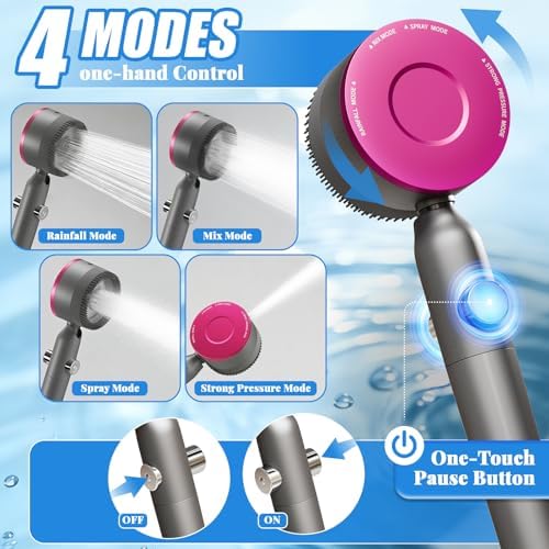 Shower Head, Drops Shower Head High Pressure, Showerhead with Handheld and 3 Filters, 4 Spray Modes & Pause Switch, Silicone Scalp Massager, 59" Hose & Bracket for Hard Water & Pets - Image 2