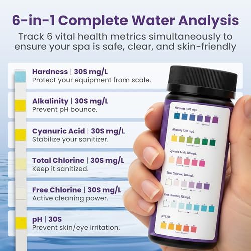 Hot Tub & Spa Test Strips 6-in-1 (100-Pack) - Accurately Monitors pH, Free/Total Chlorine, Alkalinity, Hardness, and Cyanuric Acid - Perfect for Chlorine-Based Spas and Jacuzzis (Not for Bromine) - Image 3