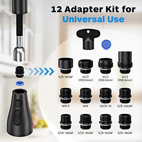 Kitchen Faucet Head Replacement, Kitchen Sink Faucet Head G 1/2, Kitchen Sink Sprayer Replacement 3 Modes with 12 Different Adapters, Compatible with Moen, Delta, Kohler Faucets, Black - Image 5