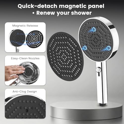 PWERAN Filtered Shower Head with Handheld, High Pressure 4 Spray Mode Showerhead with Filters, Water Softener Beads for Hard Water with ON/OFF Switch for Pets (Chromium Silver, 5 Inch Panel) - Image 2