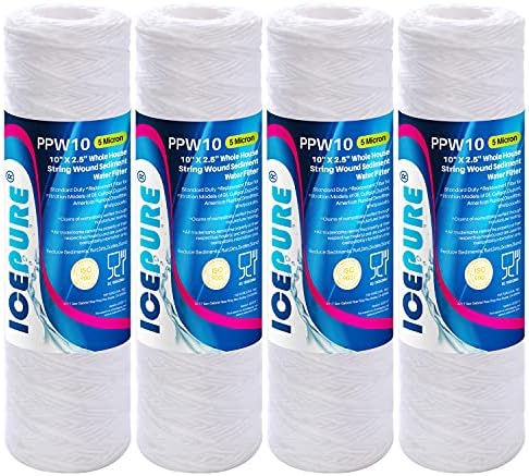 5 Micron 10" x 2.5" String Wound Sediment Water Filter Cartridge for Well filter Universal Replacement for Any 10 inch RO Unit, WP-5, Aqua-Pure AP110, CFS110, Culligan P5, WFPFC4002, WP-5, CW-MF,4PACK by ICEPURE