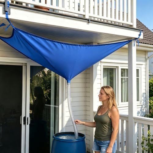 Rainwater Collection System with Hose Rain Catcher Reusable Roof Drain Fitting Tarp Water Diverter, for Lawn Outdoor Backyard Garden Balcony Camping Greenhouse (Blue) - Image 3