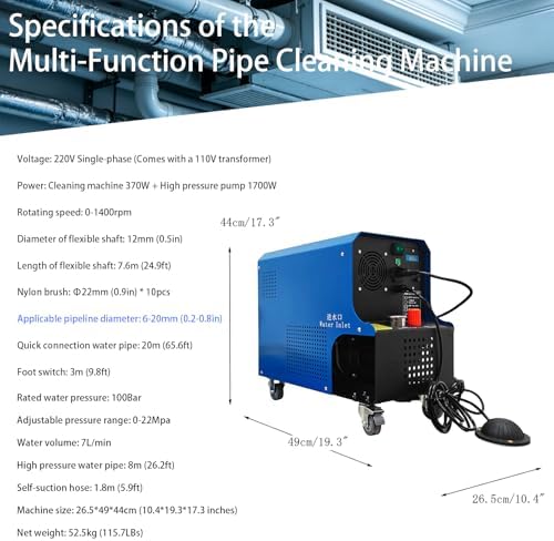 Multifunctional Condenser Pipeline Cleaning Machine with Transformer, Tube Cleaner with 7.6m Flexible Shaft & High Pressure Pump, for Central AC Heat Exchangers 110V/220V - Image 3