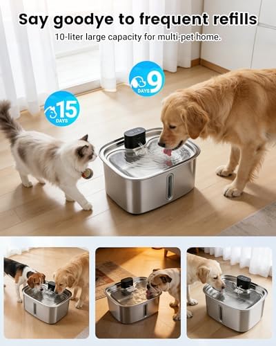 Smart Dog Water Bowl Dispenser Large, 10L/ 2.64Gal Cordless Dog Water Fountain Stainless Steel with APP Monitoring, 4000mah Automatic Cat Water Fountain for Mutil-Pets Large Dogs, 3 Fountain Modes - Image 5