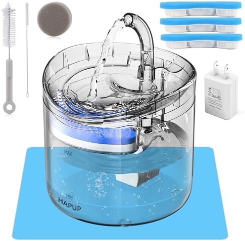 Cat Water Fountain Animal Water Dispenser 61OZ/1.8L Automatic Pet Drinking Fountain with 3 Filter Replacement 1 Pump 1 Cleaning Brush kit 1 Silicone Food Mat 1 Adapter for Cats Kitty Indoor by HAPUP