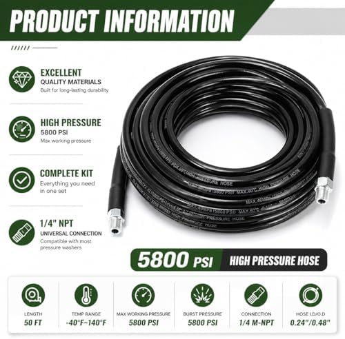 Sewer Jetter Kit for Pressure Washer, 50FT Drain Cleaning Hose with Corner Rotating and Button Nose Nozzles, 1/4" NPT Sewer Jet Nozzle Set with Spanner, Tape, Pins, 5800 PSI - Image 4