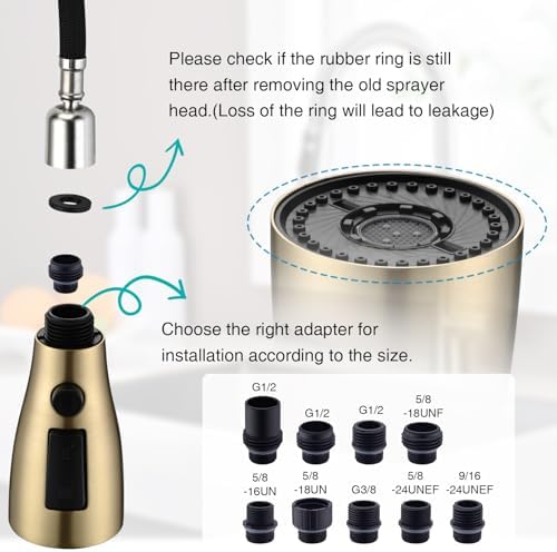 Metal Kitchen Faucet Head Replacement, 3 Functions Kitchen Faucet Head High Pressure, Brushed Gold Pull Down Kitchen Sink Sprayer Replacement with 9 Adapters Compatible with Most Faucets - Image 5